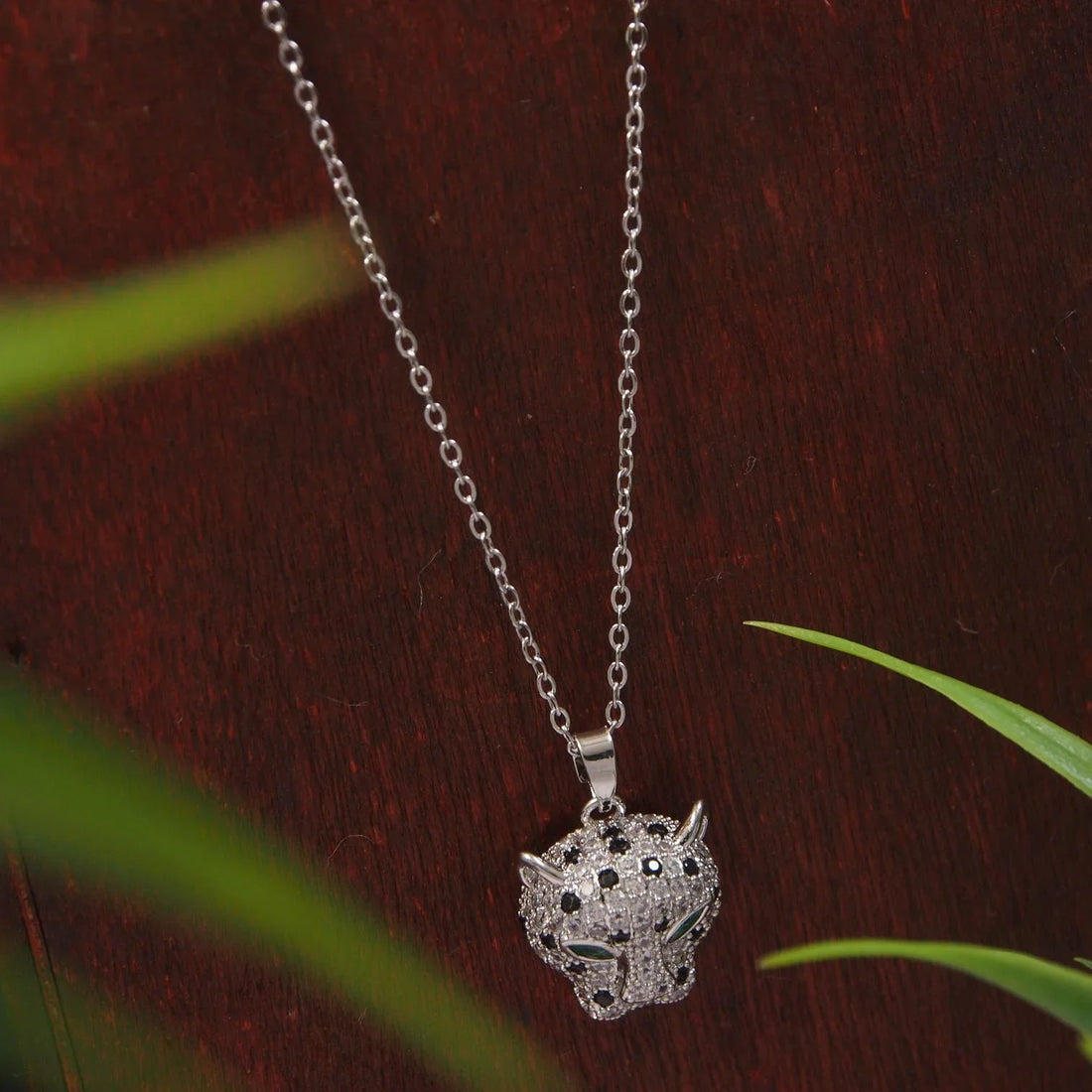 Jazbaat Silver-Plated Leopard Head AD Embellished Pendant Necklace