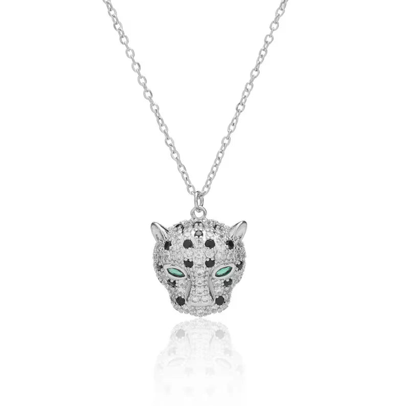Jazbaat Silver-Plated Leopard Head AD Embellished Pendant Necklace