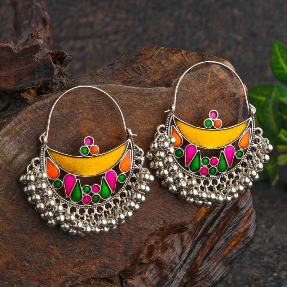 Jazbaat Silver-Plated Meenakari Work Multicoloured Chandbali Earrings