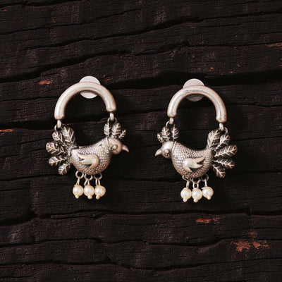 Jazbaat Silver-Plated Oxidised Sparrow Design Antique Dangle Earrings