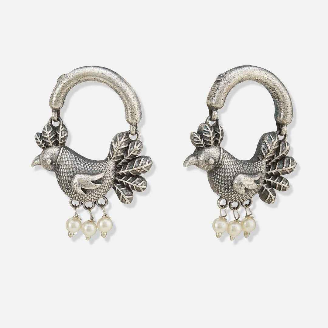 Jazbaat Silver-Plated Oxidised Sparrow Design Antique Dangle Earrings