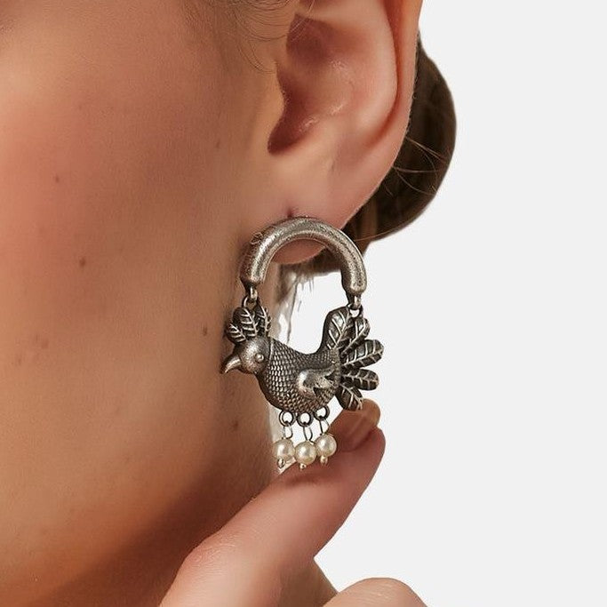 Jazbaat Silver-Plated Oxidised Sparrow Design Antique Dangle Earrings