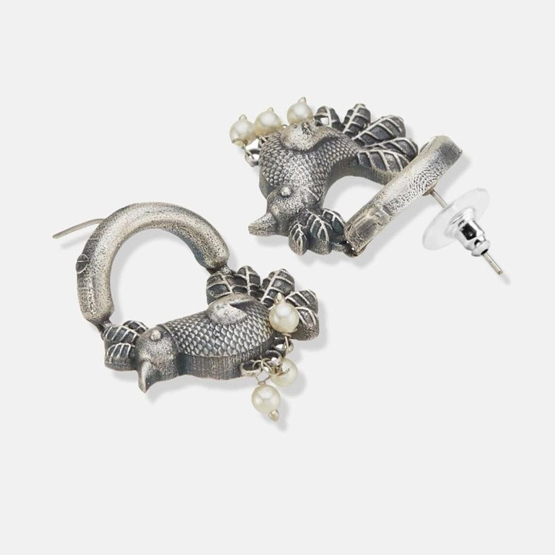 Jazbaat Silver-Plated Oxidised Sparrow Design Antique Dangle Earrings