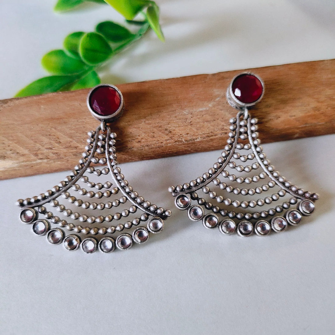 Jazbaat Silver-Plated Red & White Stone-Studded Dangler Earrings