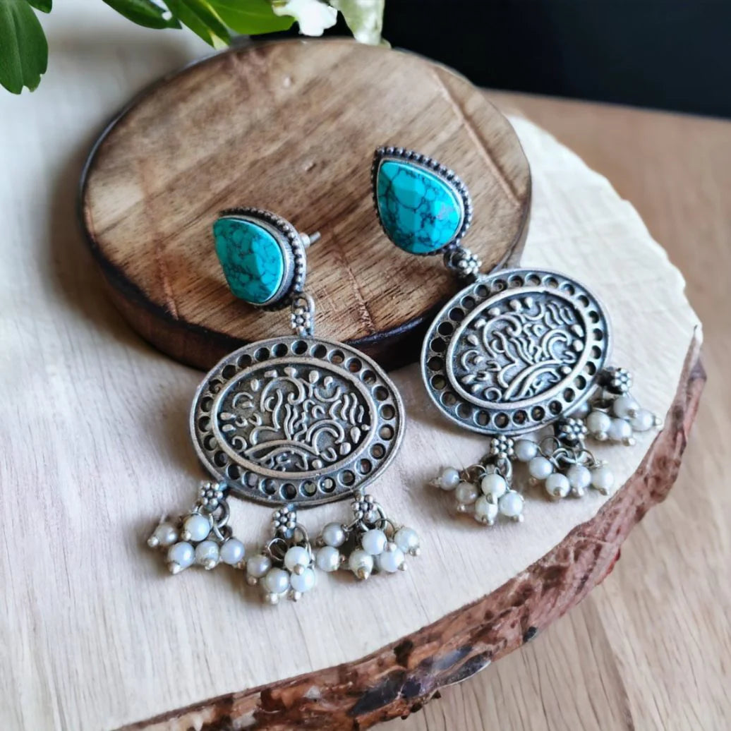 Jazbaat Silver-Plated Turquoise Blue Stone-Studded Pearl Dangler Earrings