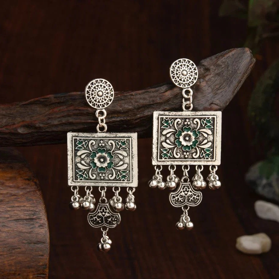 Jazbaat Silver-Toned Enamel Artwork Beaded Dangler Earrings