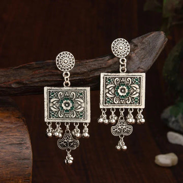 Jazbaat Silver-Toned Enamel Artwork Beaded Dangler Earrings