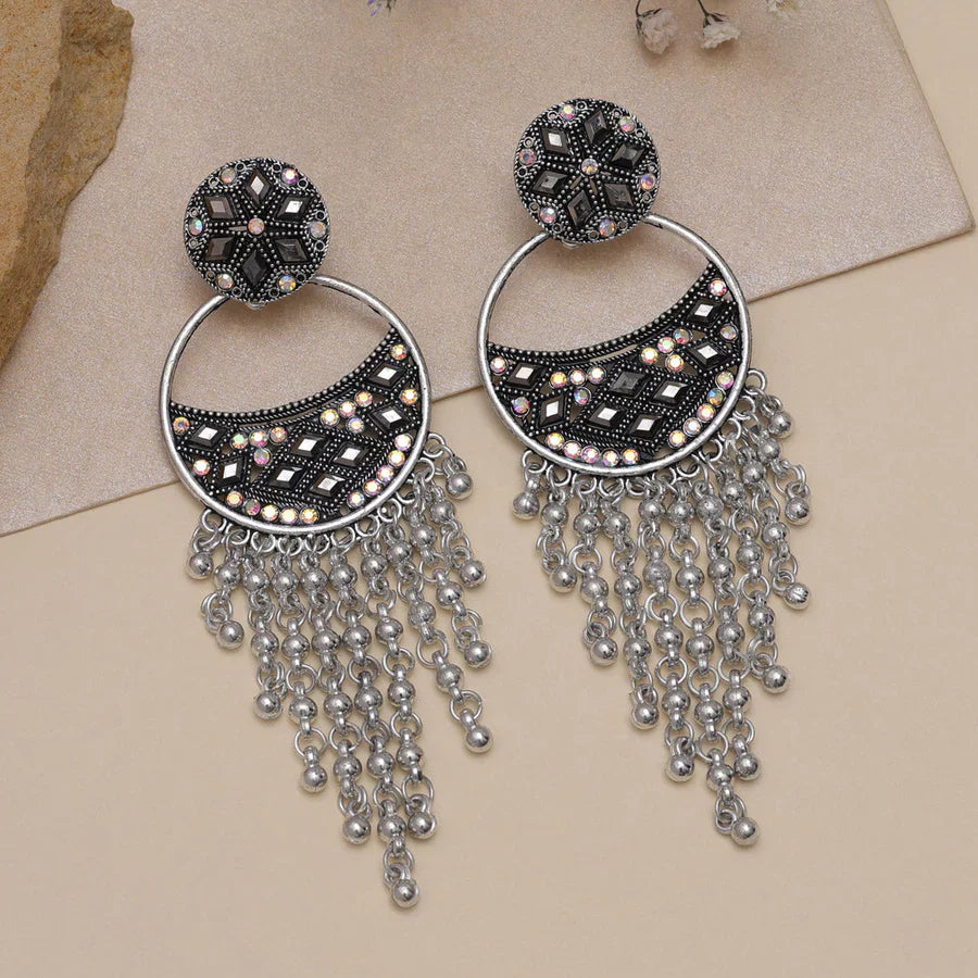 Jazbaat Silver-Toned Mirror Work Chandbali Dangler Earrings