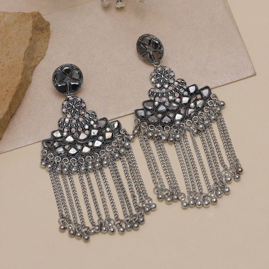 Jazbaat Silver-Toned Mirror Work Tassel Dangler Earrings