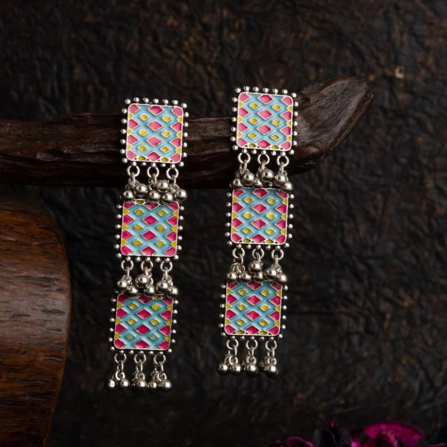 Jazbaat Silver-Toned Multicoloured Enamel Artwork Antique Earrings
