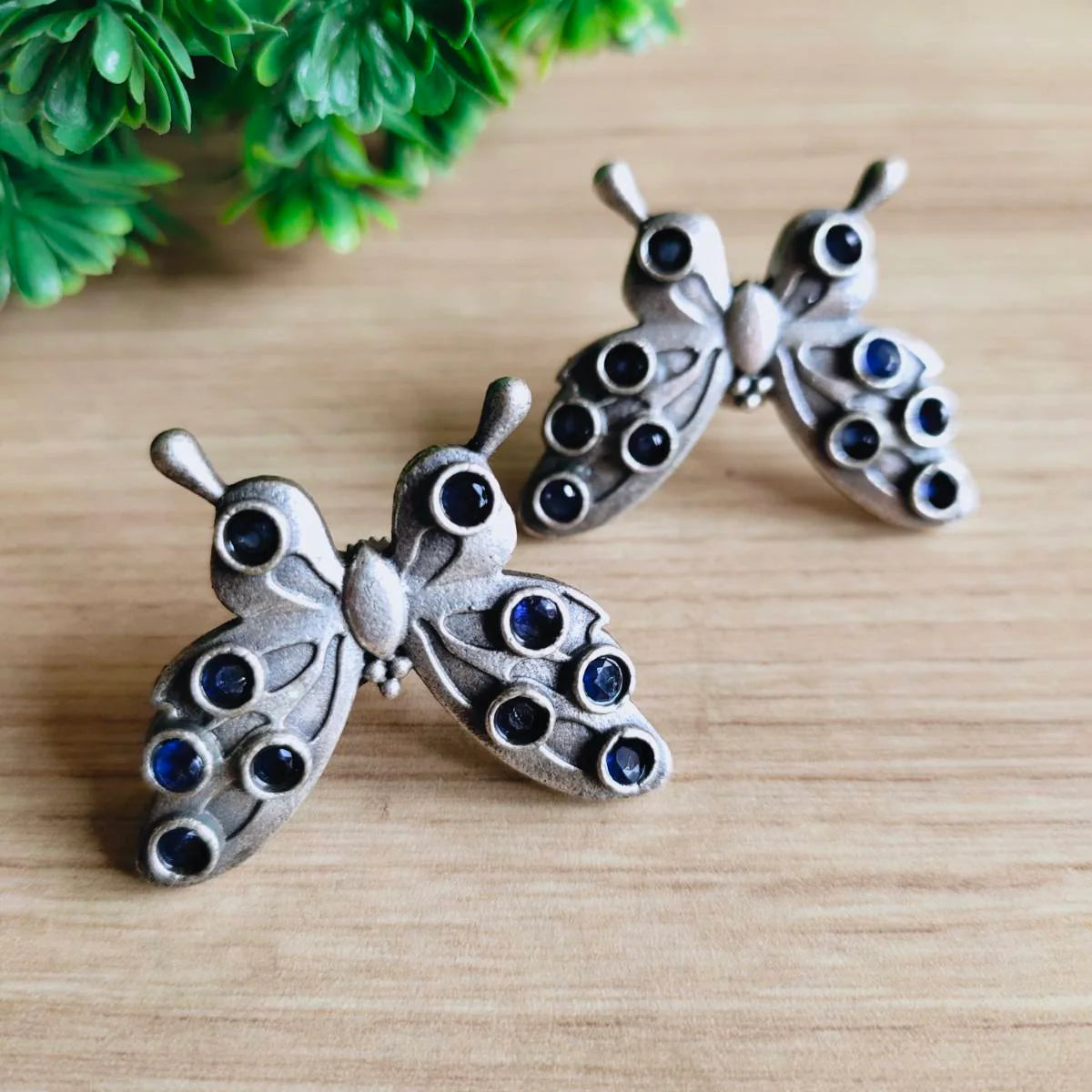 Jazbaat Silver Butterfly Design Oxidised Stud Earrings