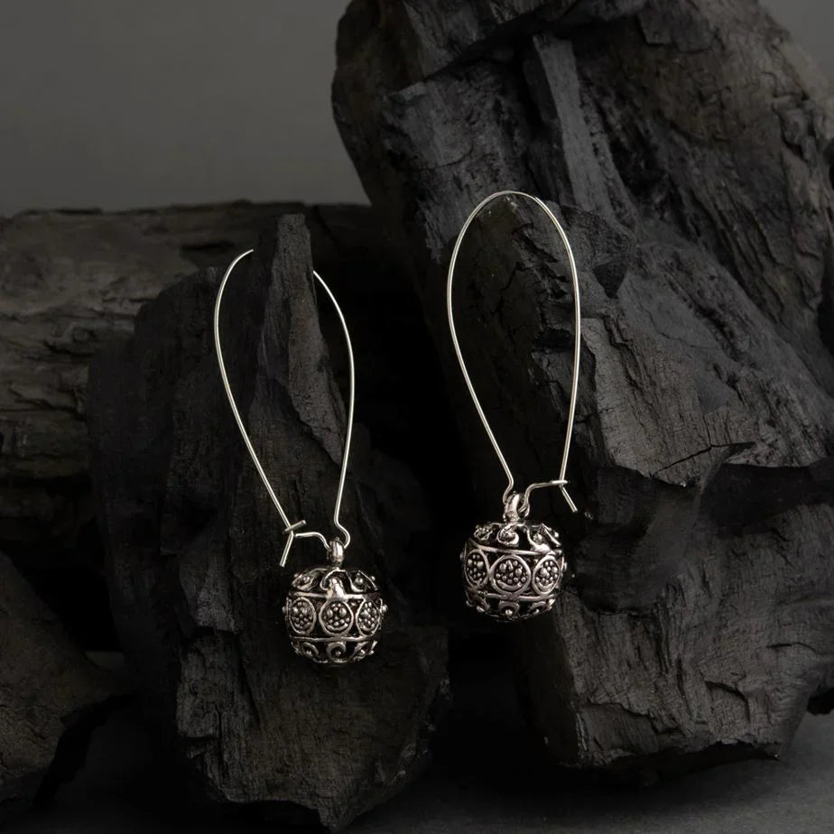 Jazbaat Silver-Toned Filigree Art Ball Antique Dangler Earrings