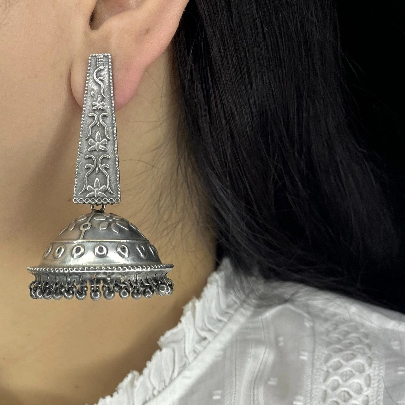 Jazbaat Silver Oxidised Dome-Shaped Antique Jhumka Earrings