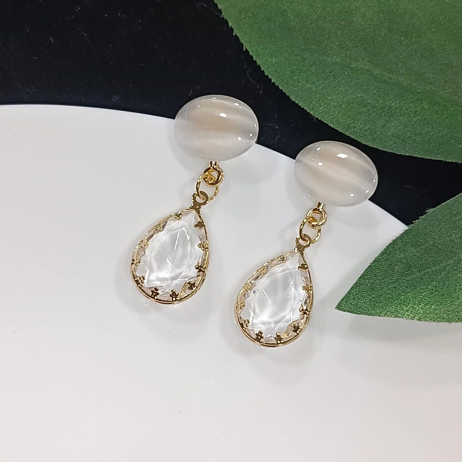 Jazbaat White Crystal & Pearl Stone Studded Dangler Earrings