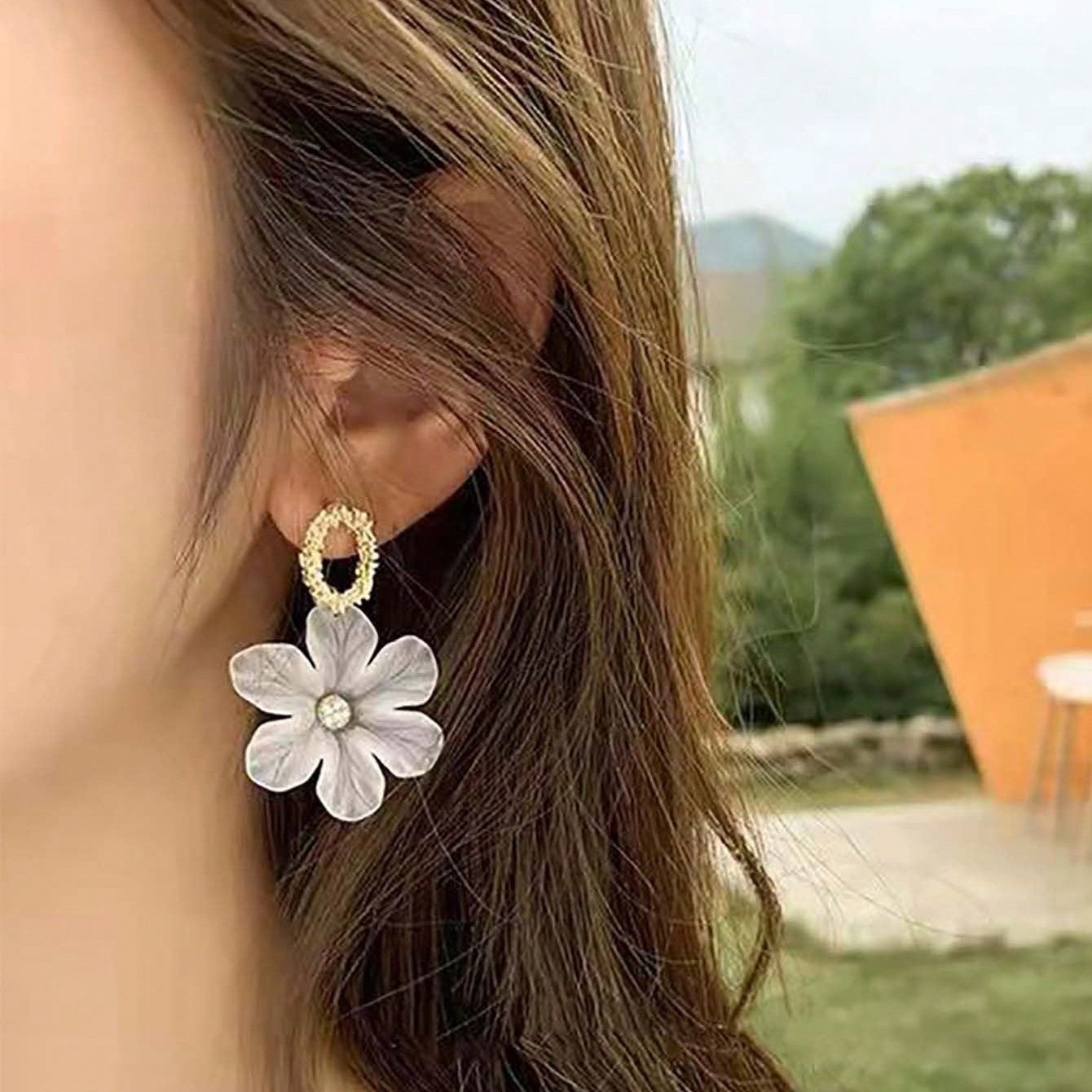 Jazbaat White Flower Petal Korean Dangle Earrings