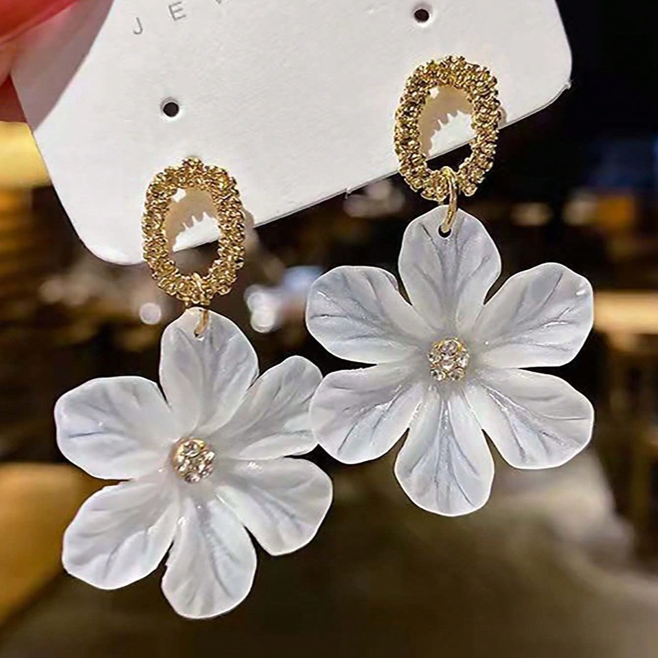 Jazbaat White Flower Petal Korean Dangle Earrings