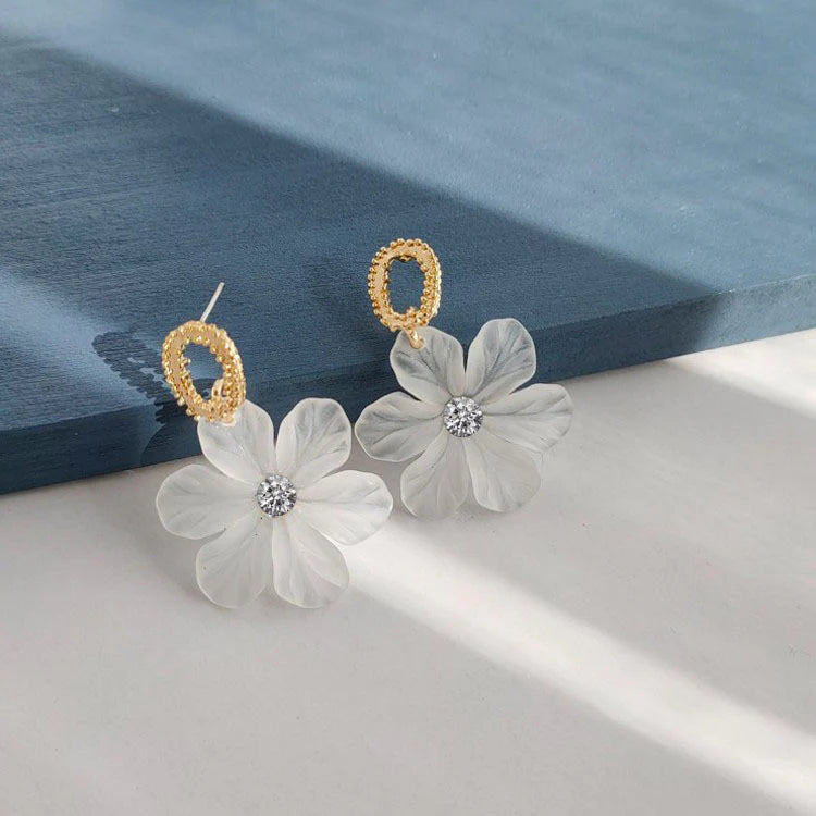 Jazbaat White Floral Design Korean Dangle Earrings