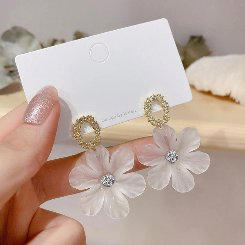 Jazbaat White Floral Design Korean Dangle Earrings