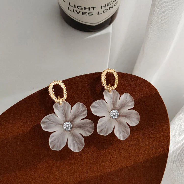 Jazbaat White Floral Design Korean Dangle Earrings