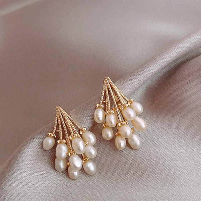 Jazbaat White Pearl Tassel Korean Drop Earrings