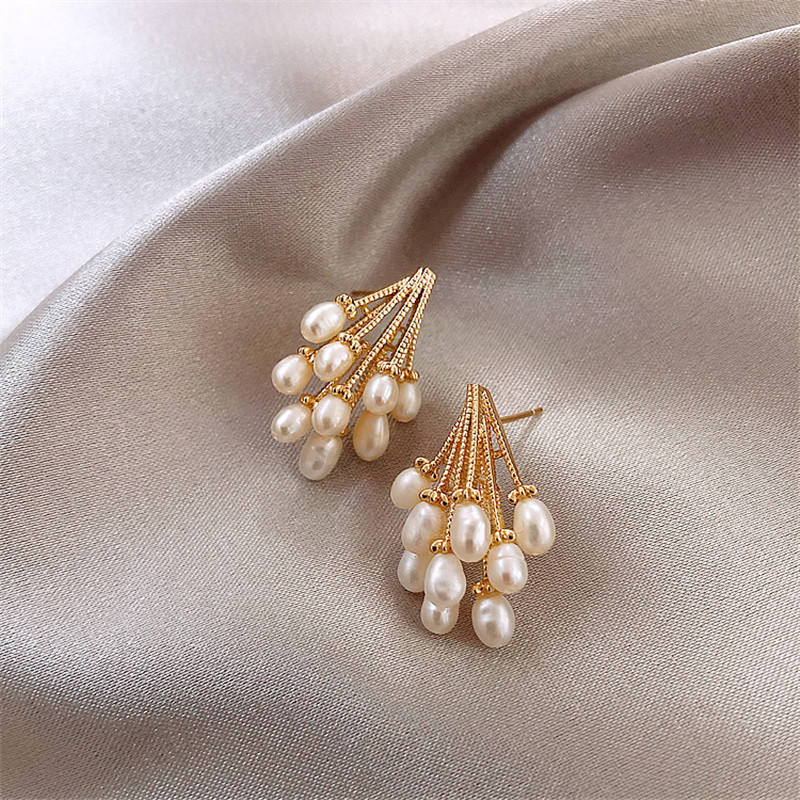 Jazbaat White Pearl Tassel Korean Drop Earrings
