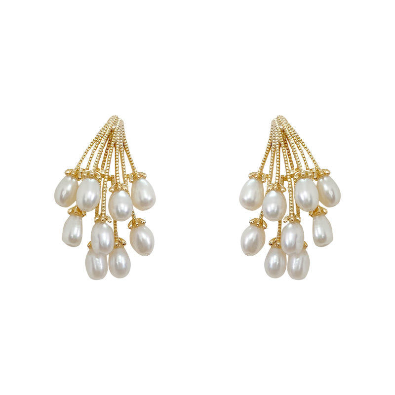 Jazbaat White Pearl Tassel Korean Drop Earrings