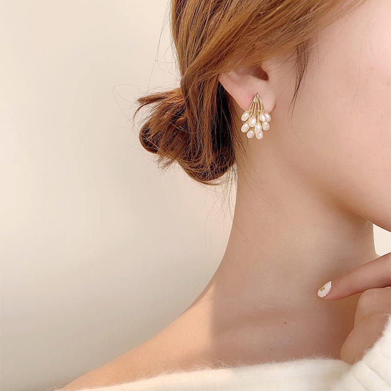 Jazbaat White Pearl Tassel Korean Drop Earrings