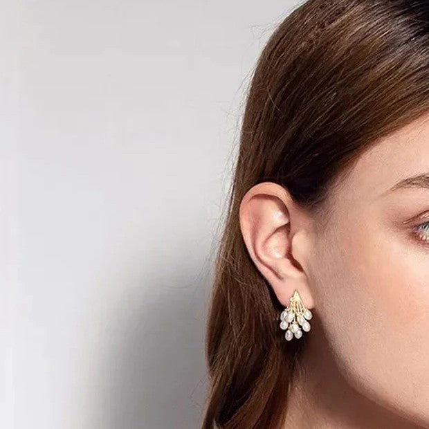 Jazbaat White Pearl Tassel Korean Drop Earrings