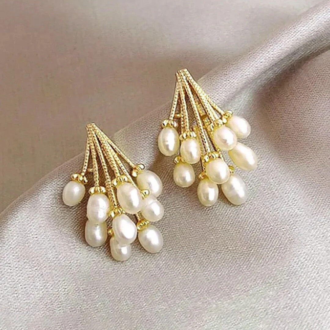 Jazbaat White Pearl Tassel Korean Drop Earrings