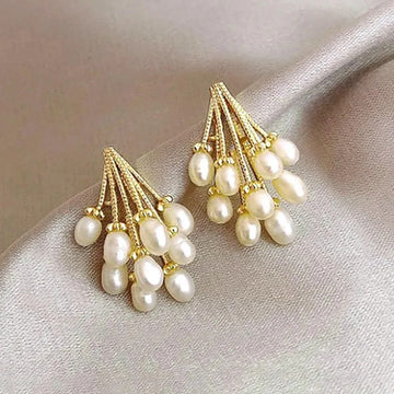 Jazbaat White Pearl Tassel Korean Drop Earrings