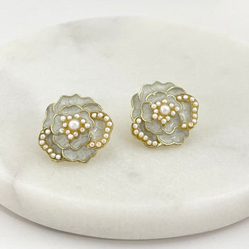 Korean Pearl Camellia Flower Shaped Stud Earrings
