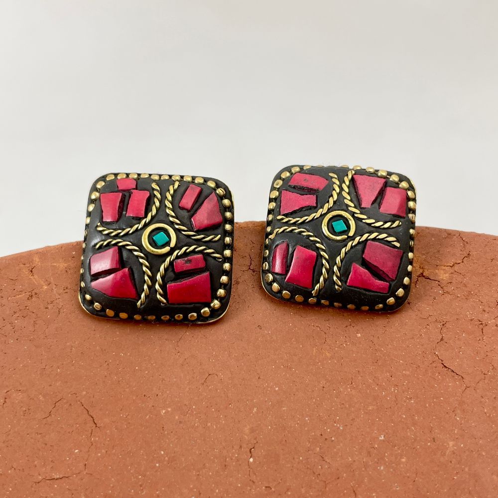 Lac Work Square-Shaped Stud Earrings