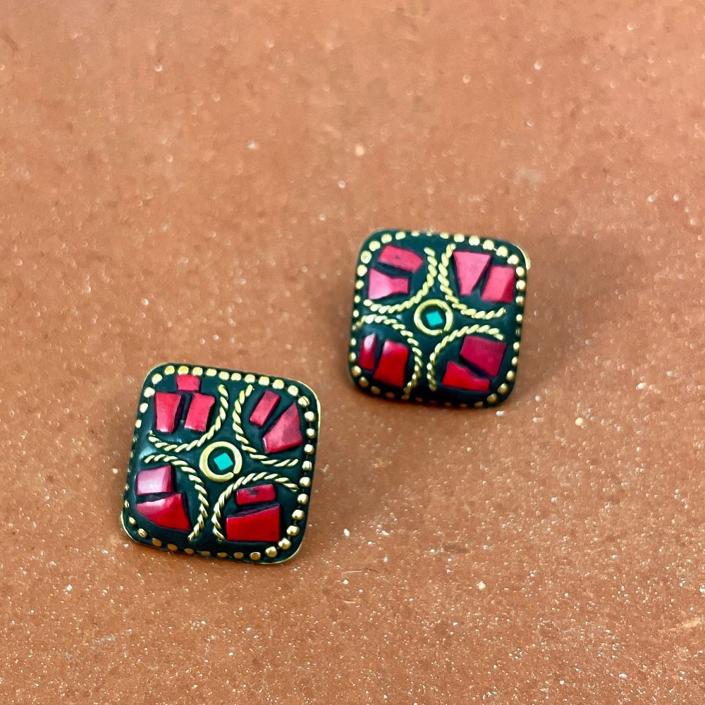 Lac Work Square-Shaped Stud Earrings