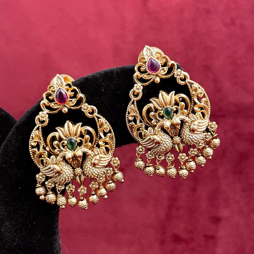 Peacock Design Antique Gold-Plated South Indian Earrings