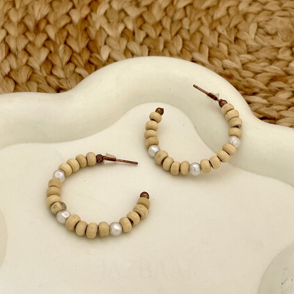 Pearl & Wooden Bead Hoop Earrings