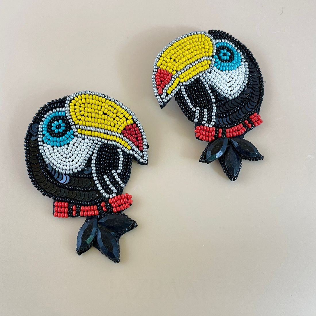 Quirky Black Toucan Bird Embroidered Earrings