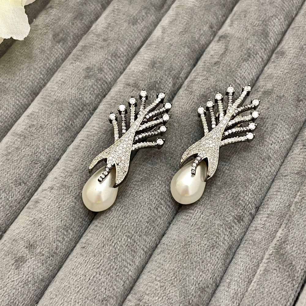 Rhodium-Plated American Diamond Drop Pearl Earrings