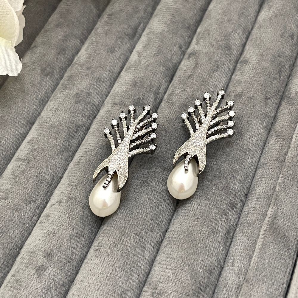 Rhodium-Plated American Diamond Drop Pearl Earrings
