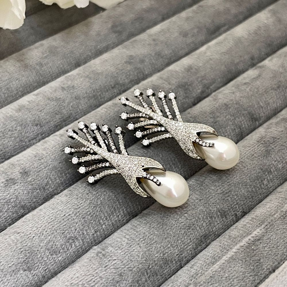 Rhodium-Plated American Diamond Drop Pearl Earrings