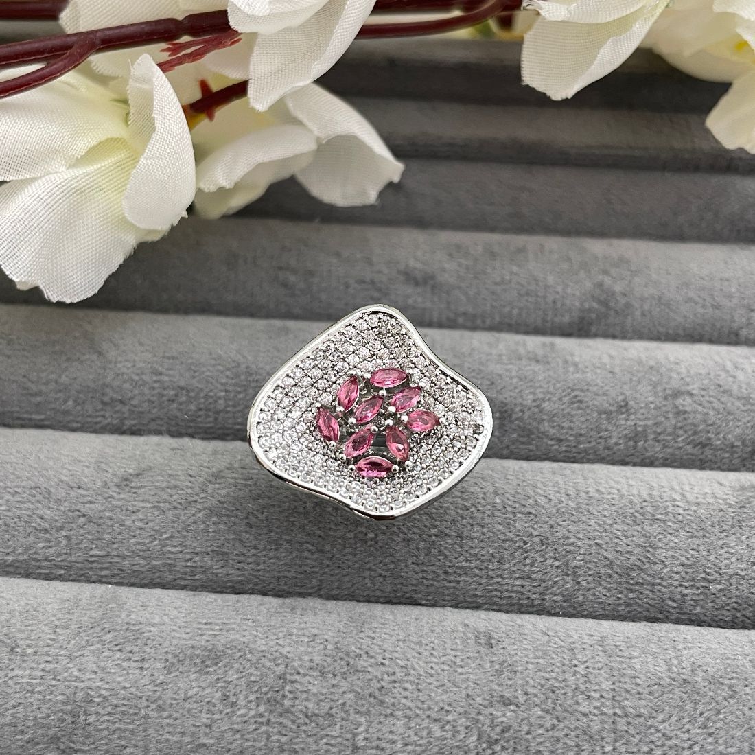 Rhodium-Plated Cubic Zirconia Cocktail Ring