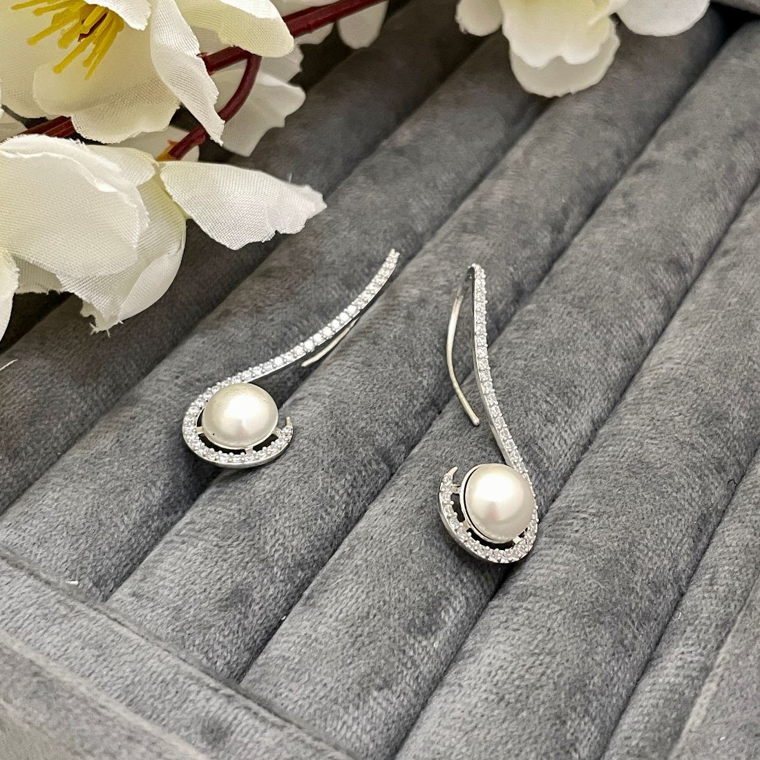 Rhodium-Plated Cubic Zirconia Pearl Earrings