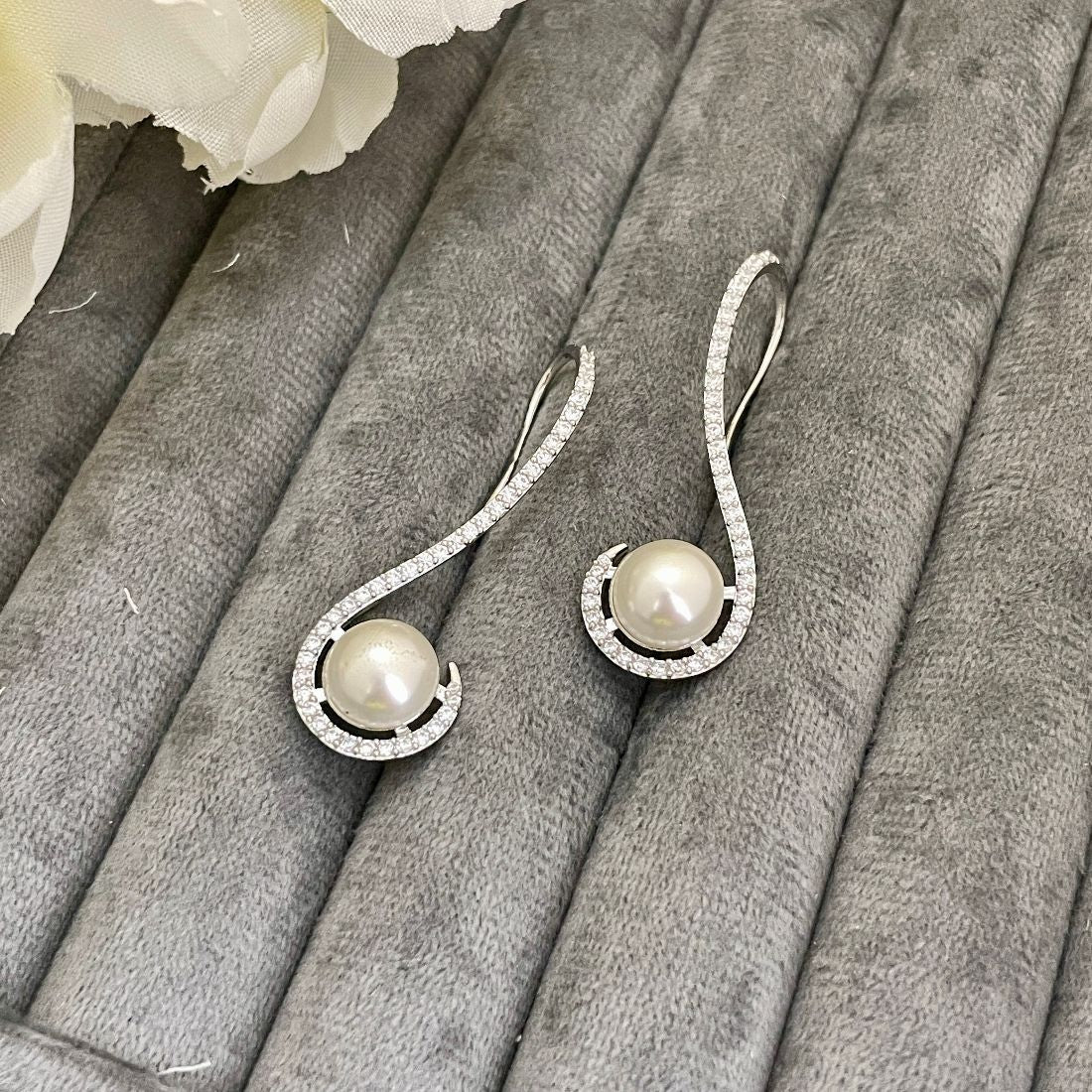 Rhodium-Plated Cubic Zirconia Pearl Earrings