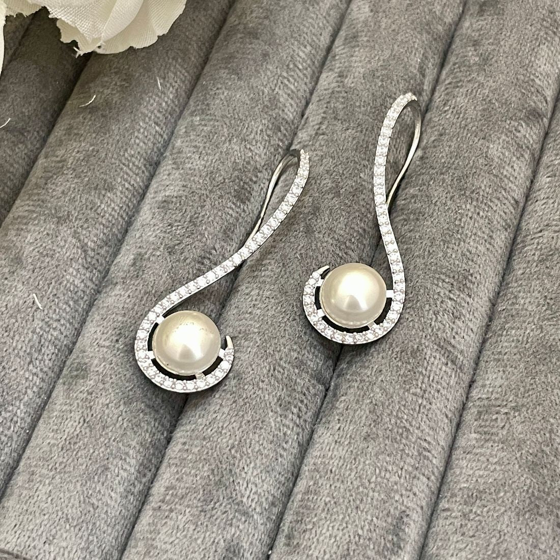 Rhodium-Plated Cubic Zirconia Pearl Earrings