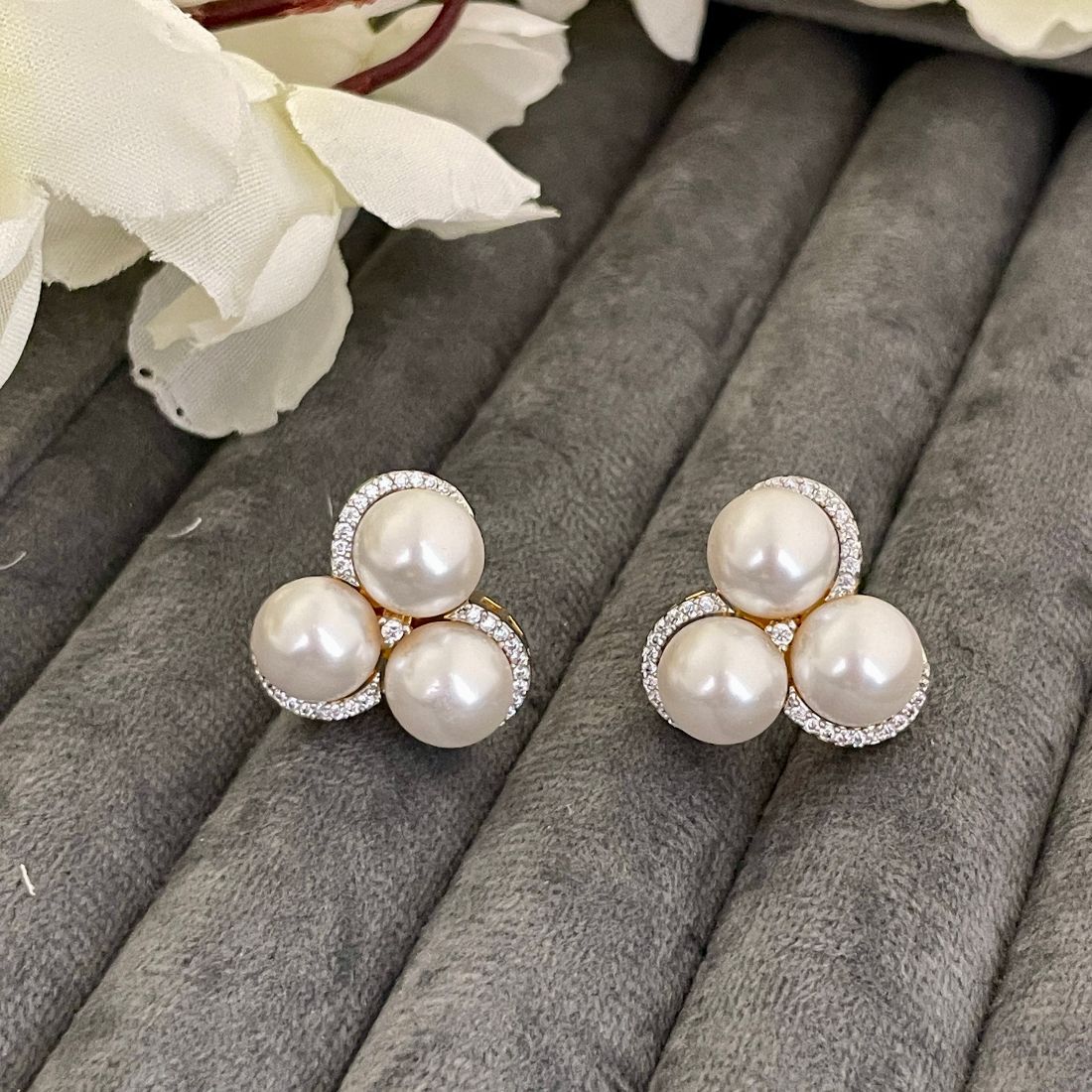 Rhodium-Plated Tri Pearl American Diamond Earrings