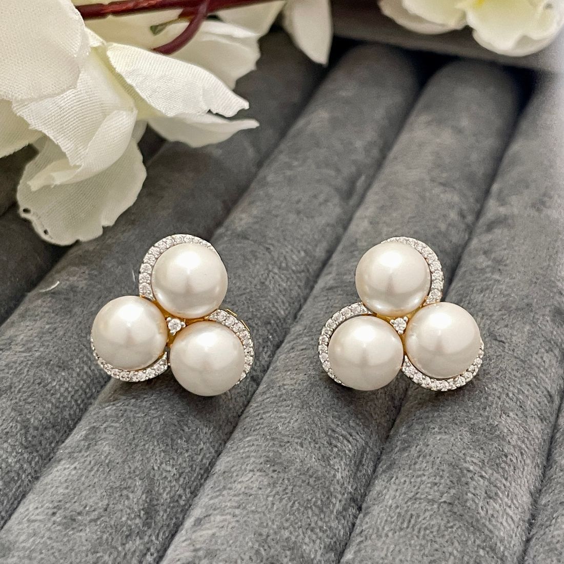 Rhodium-Plated Tri Pearl American Diamond Earrings