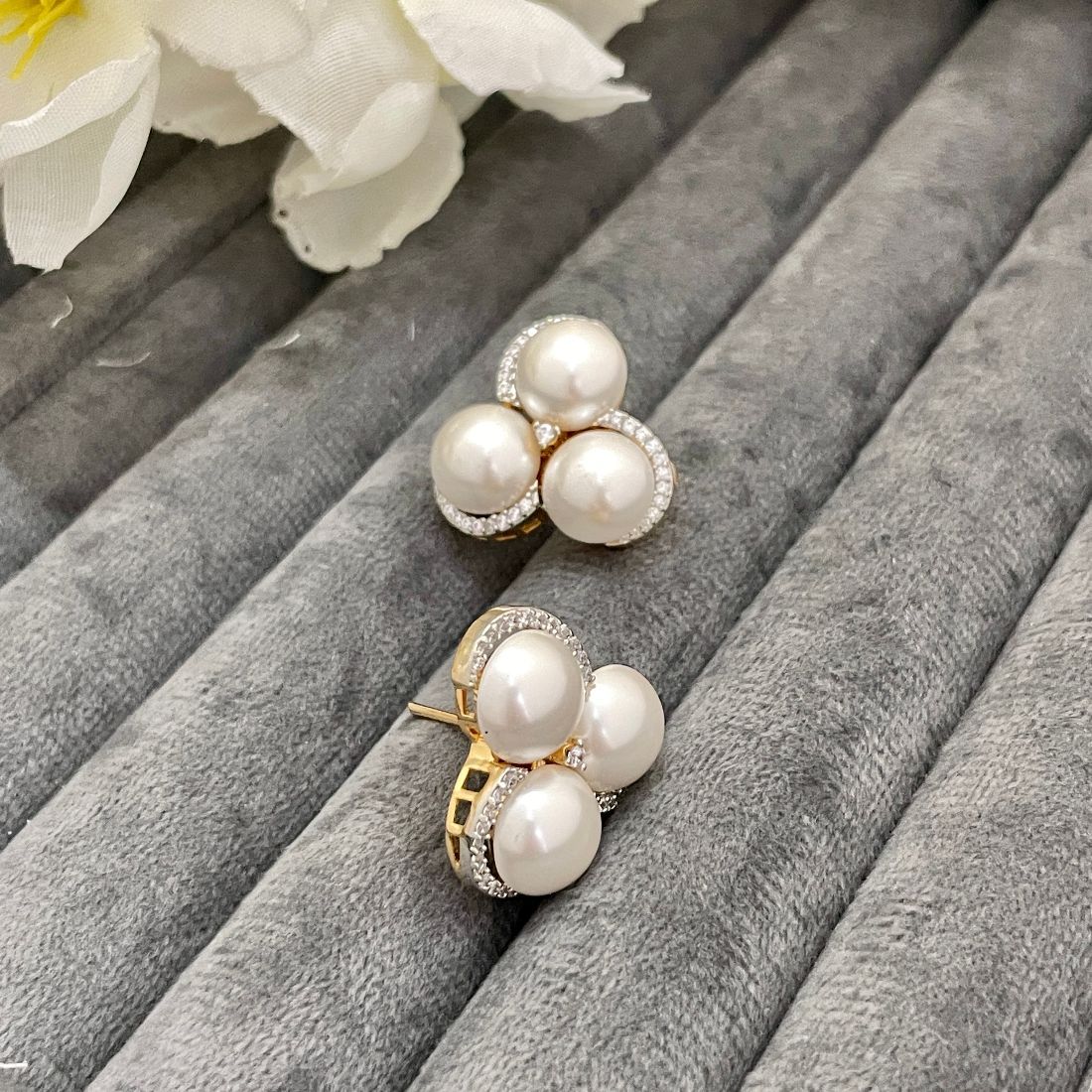 Rhodium-Plated Tri Pearl American Diamond Earrings