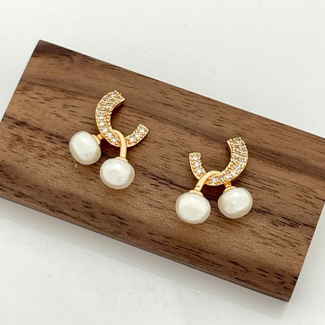 Rose Gold-Plated White Pearl & AD Studded Korean Earrings