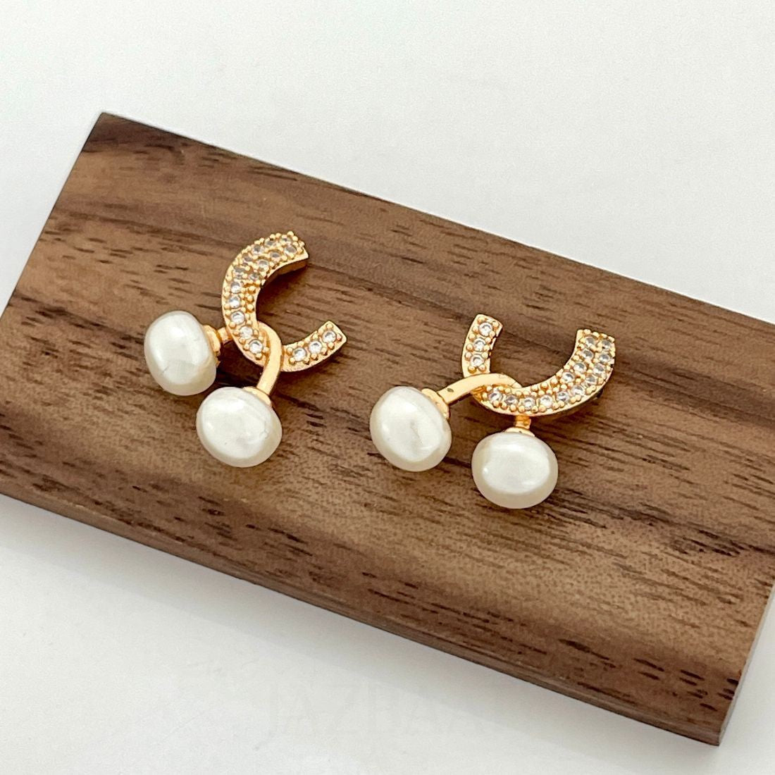 Rose Gold-Plated White Pearl & AD Studded Korean Earrings