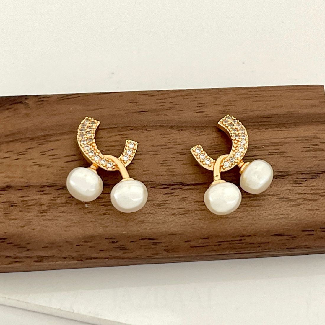 Rose Gold-Plated White Pearl & AD Studded Korean Earrings
