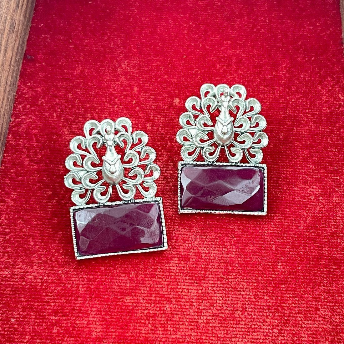 Silver-Plated Peacock Motif Stud Earrings